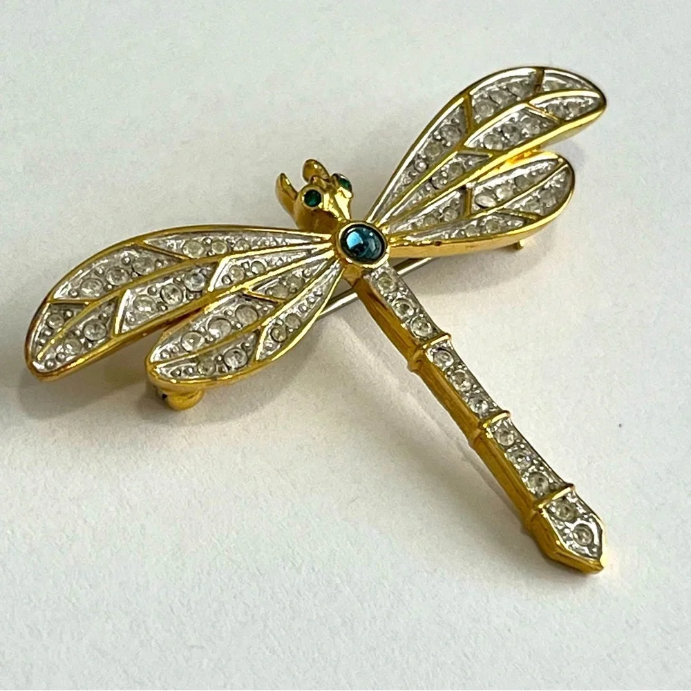 Golden Crystal Dragonfly Brooch Pin 1.25" - Picture 6 of 10